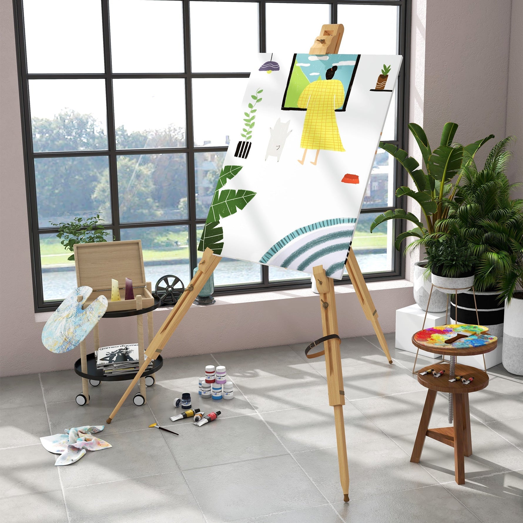 Easel - Foldable Tripod, Height-Adjustable up to 107cm - Beechwood