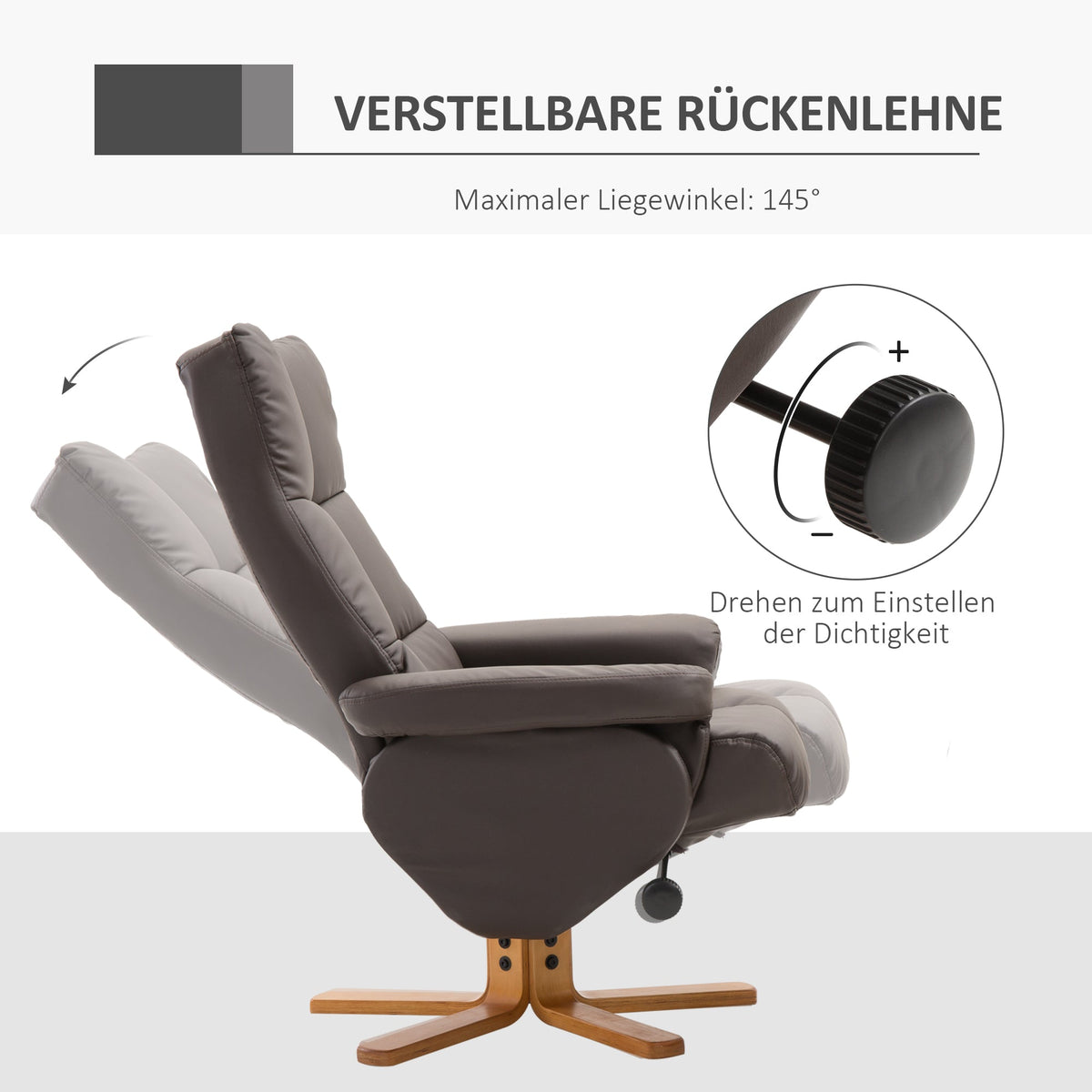 Reclining Armchair Footstool Storage Swivel, PU Wood Frame, Brown