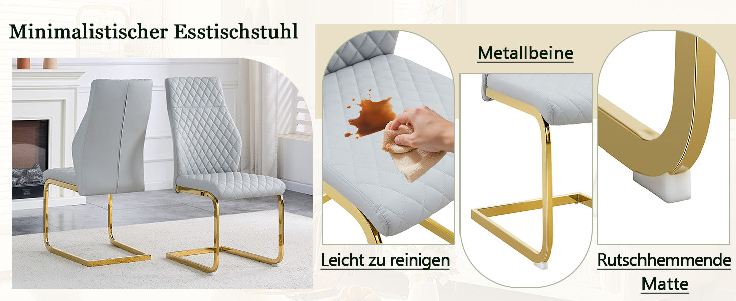 Dining Chair Set of 2, High Backrest and Gold Metal Frame, Light Grey PU Leather