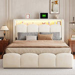 Upholstered Bed 140x200 with Hydraulic Storage & LED, Beige Velvet