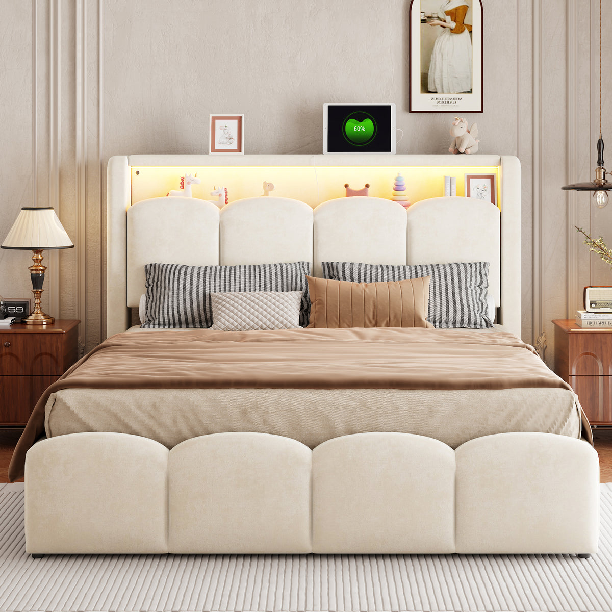 Upholstered Bed 140x200 with Hydraulic Storage & LED, Beige Velvet
