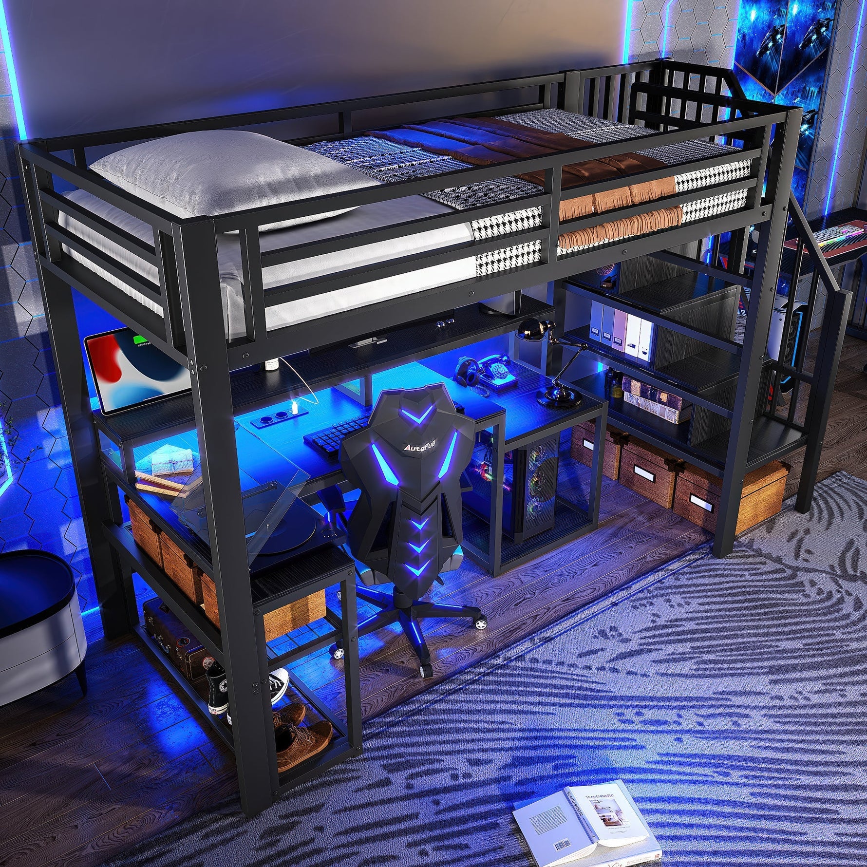 Loft Bed with Desk, Storage Staircase and LED Lights, Black Iron Frame