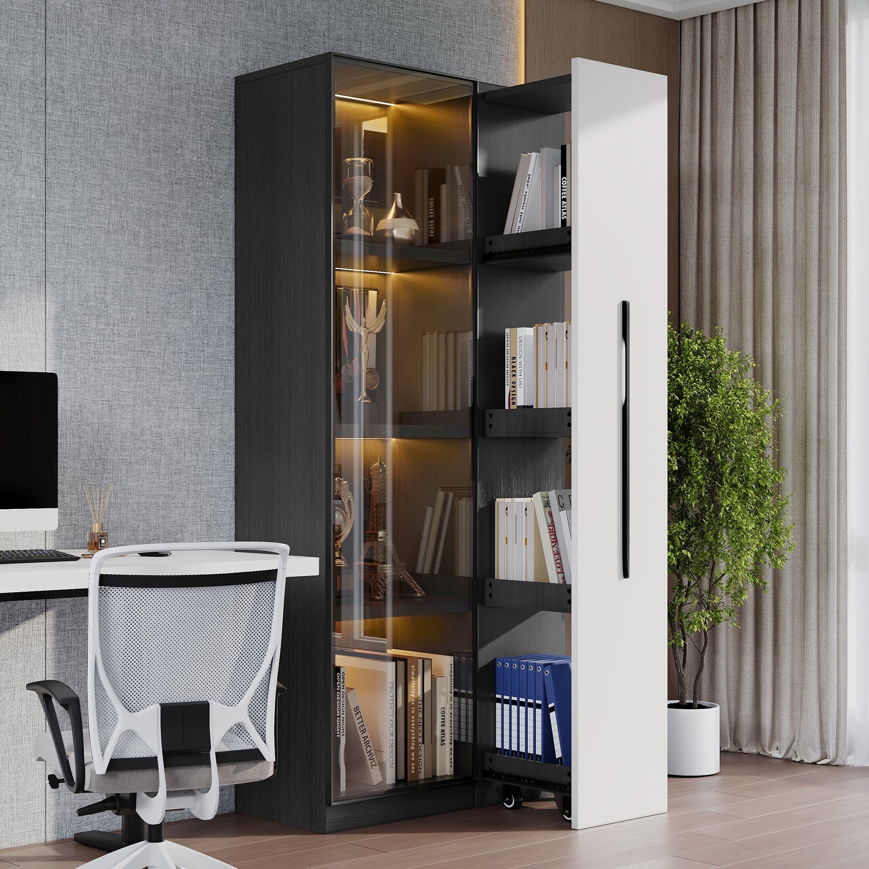 Multifunctional Cabinet with Glass Door, LED Lighting and Side Drawer, Black MDF