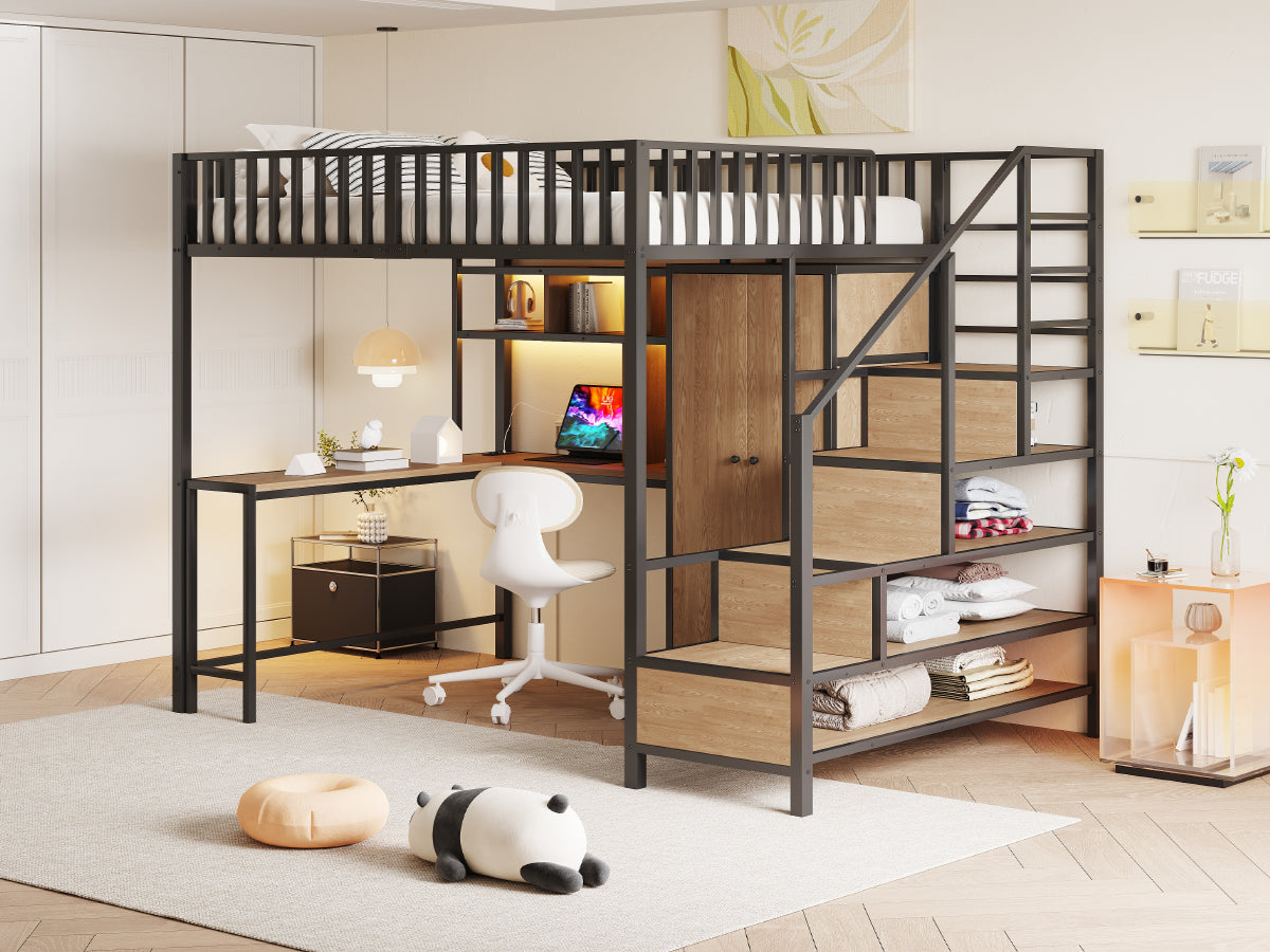 Metal Loft Bed 140x200cm Desk Wardrobe Drawers Storage Ladder LED Charging Black