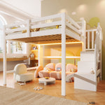 Loft Bed 140x200cm with LED Lights & Storage Ladder, White