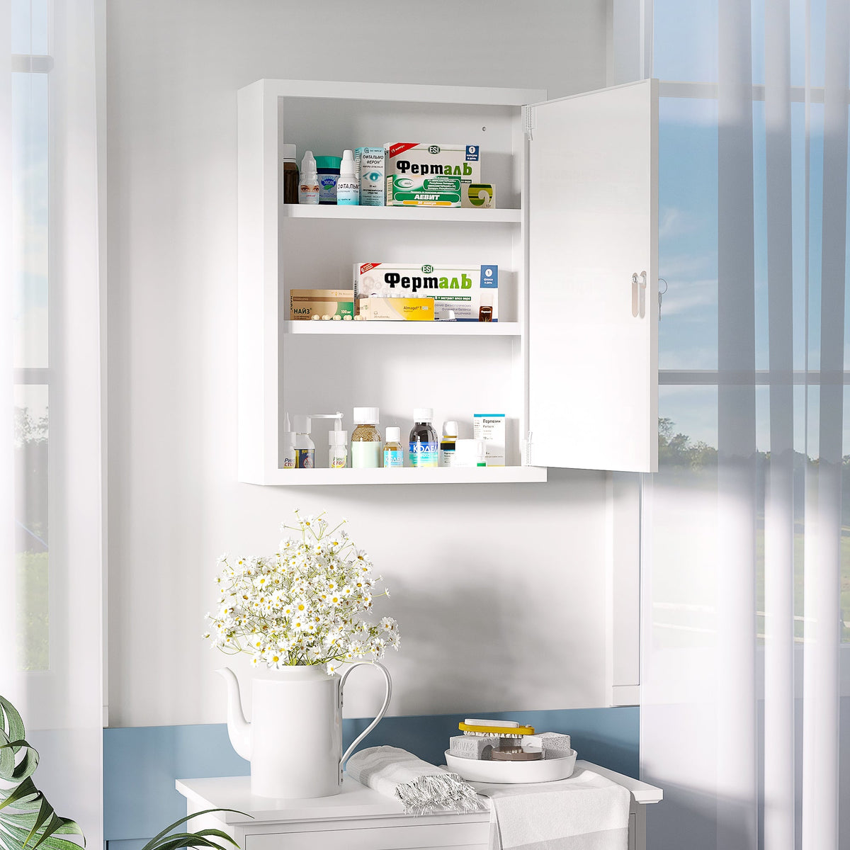 Kleankin Medicine Cabinet, Lockable Wall Mount, Steel, White