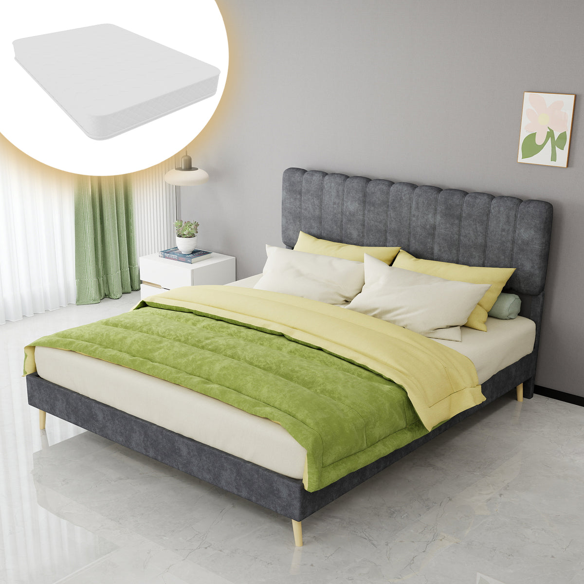 Upholstered Bed 160x200cm with Mattress & Headboard, Grey