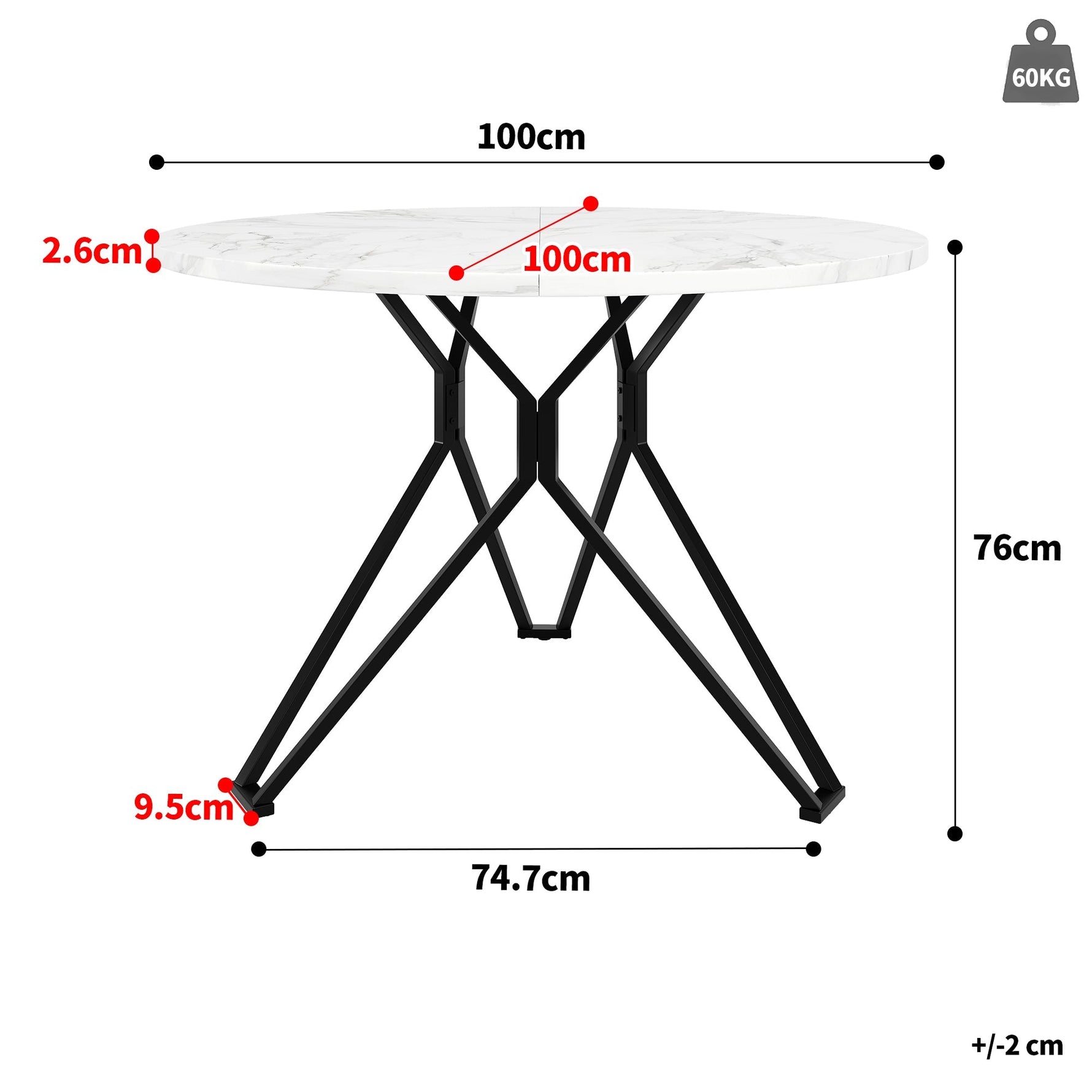 Dining Table Set 5-Piece 100cm Round MDF Marble Top Black Metal Legs Grey Linen