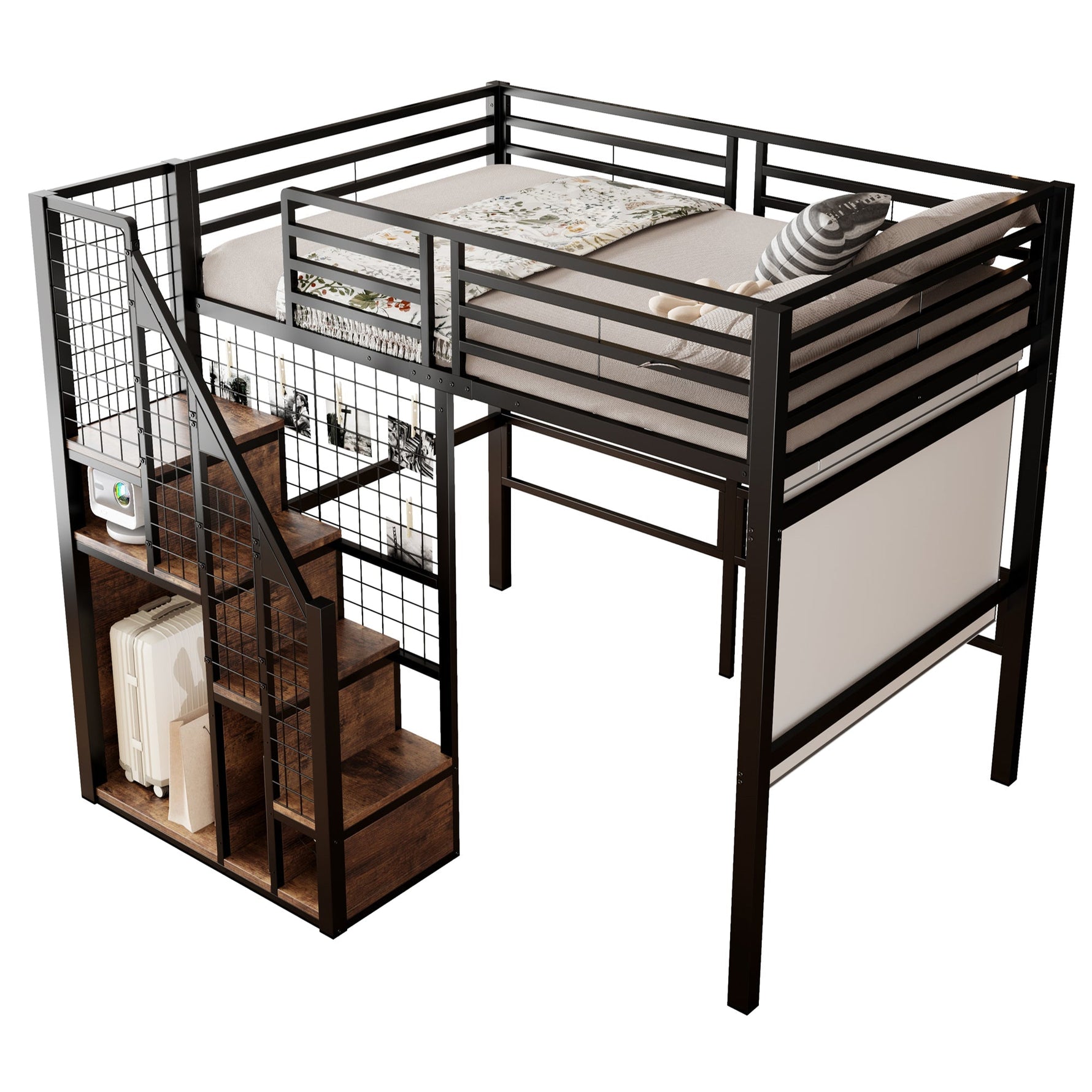 Loft Bed 140x200cm with Safety Ladder Iron Frame Storage Area - Black
