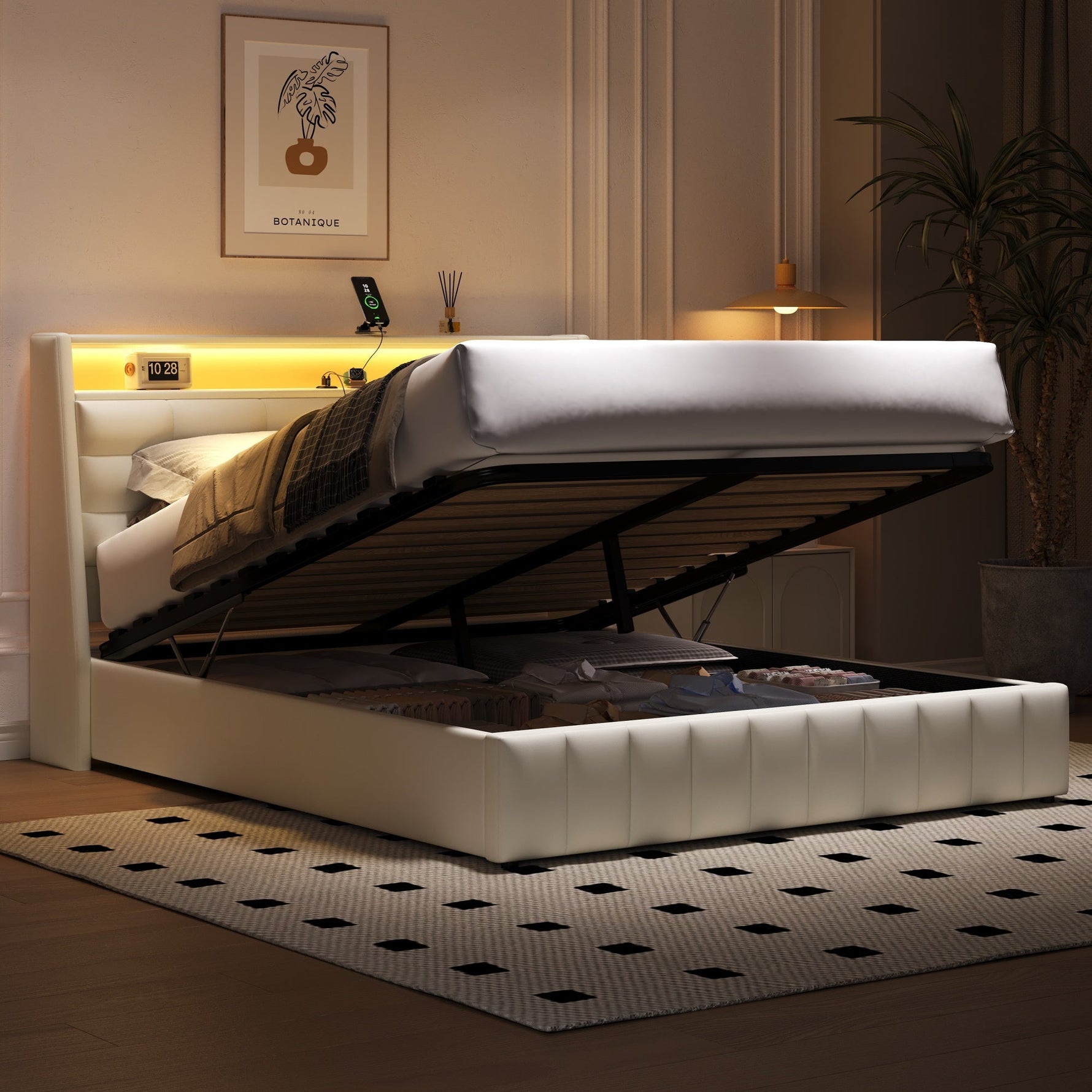 Upholstered Platform Bed 160x200 LED USB Storage Adjustable Headboard - White