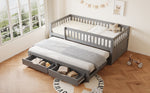Solid Wood Sofa Bed, Pull-out Storage Drawers Safety Rail 90x200cm, Grey