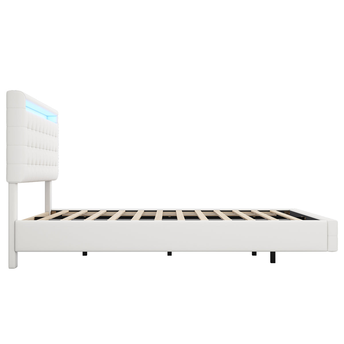 Flatbed Bed 140x200cm with LED & Adjustable Headboard, White PU