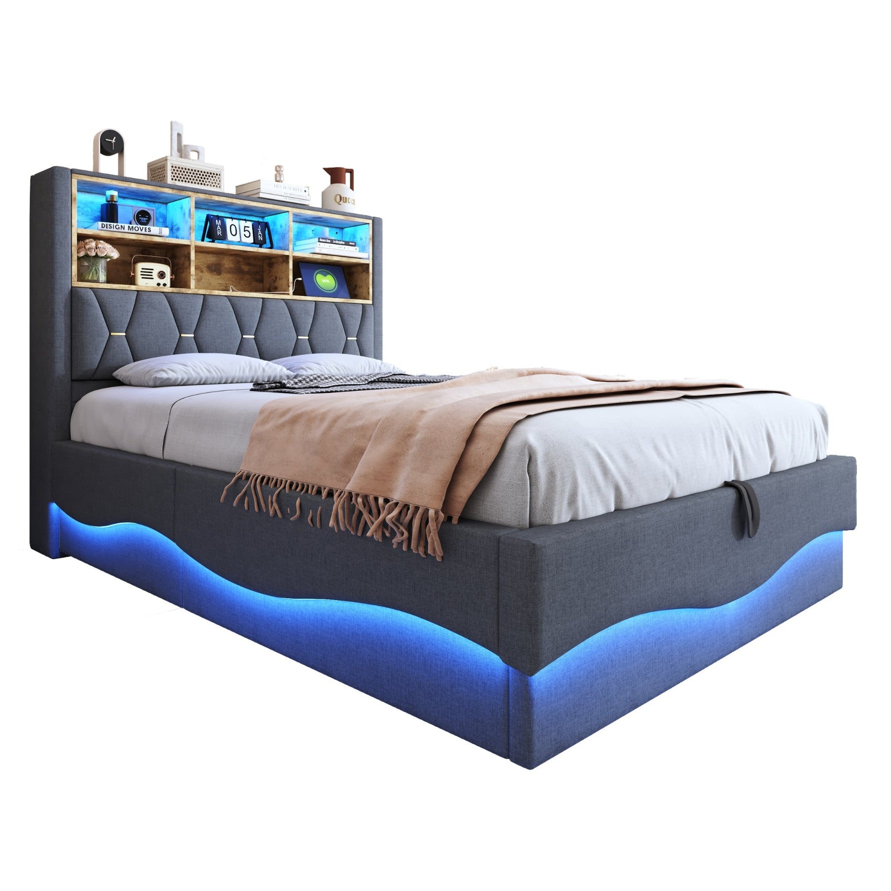 Upholstered Bed 140x200 Hydraulic Storage LED/USB Slatted Frame, Linen Grey