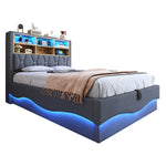 Upholstered Bed 140x200, Hydraulic Storage, LED Light, USB Port, Linen Upholstery Grey
