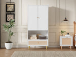 Wardrobe with 2 Doors, Rattan Drawer and Clothes Rail, White
