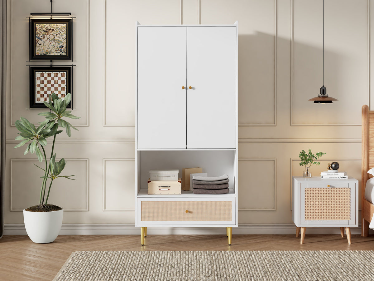 Wardrobe with 2 Doors, Rattan Drawer and Clothes Rail, White