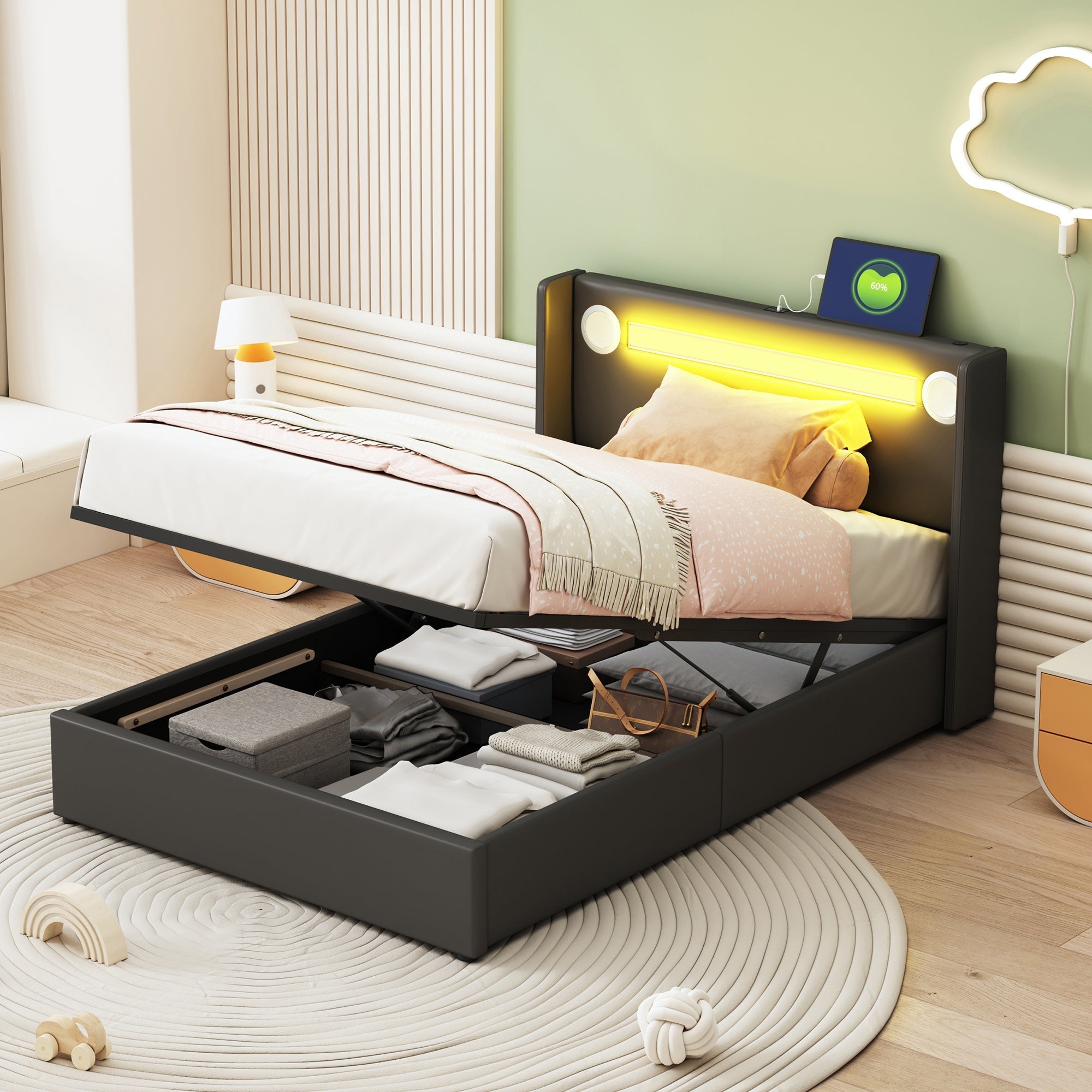 Children's Bed 90x200 with LED, Bluetooth & USB, PU Leather
