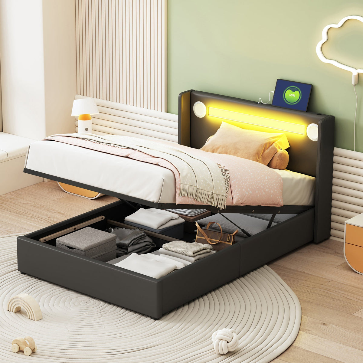 Children's Bed 90x200 with LED, Bluetooth & USB, PU Leather