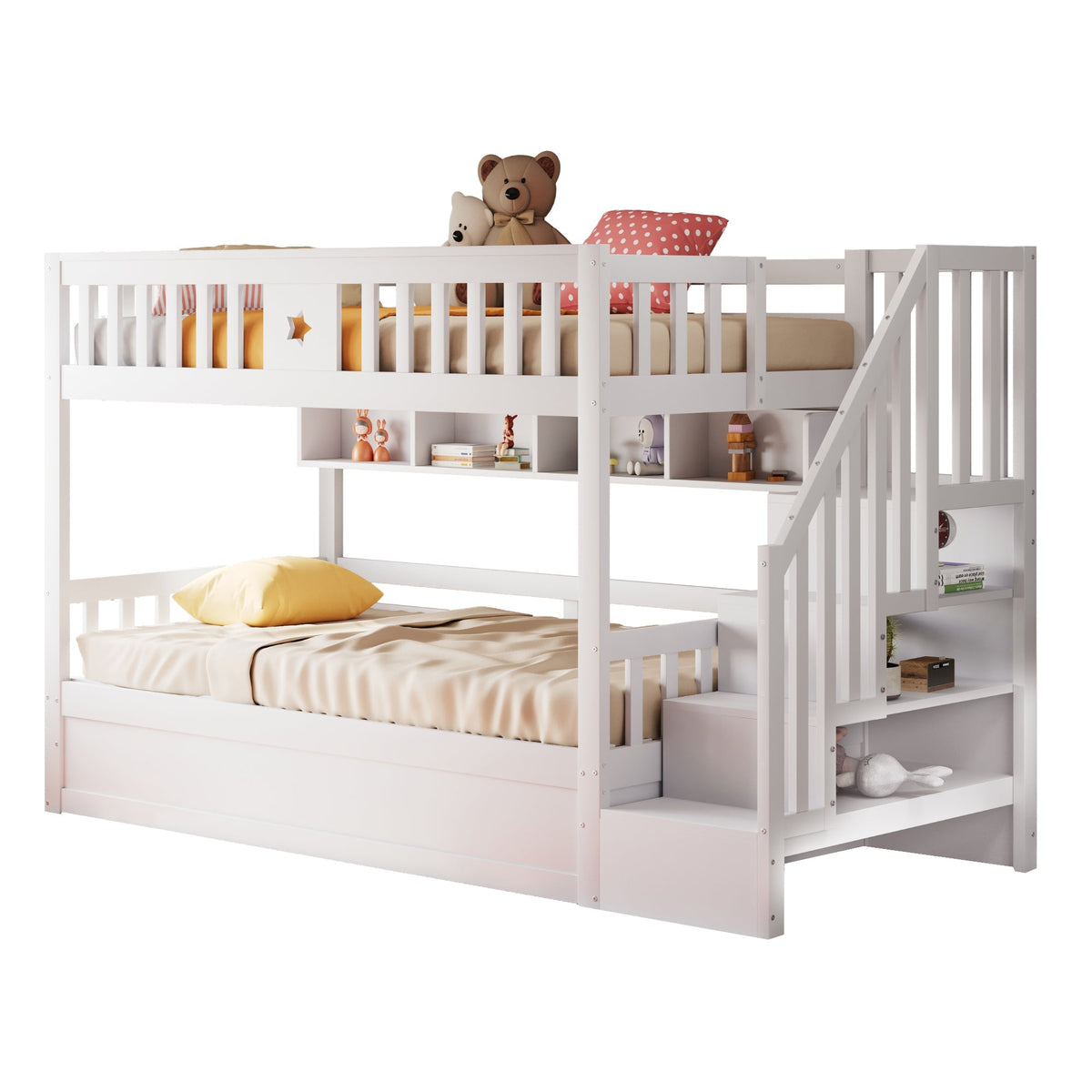Wooden Bed 90x200cm, Hydraulic Storage, Stairs, Shelves, Loft/Bunk/Youth Bed, White