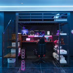 Iron Loft Bed 140x200cm with Desk, Pegboard & LED, Black
