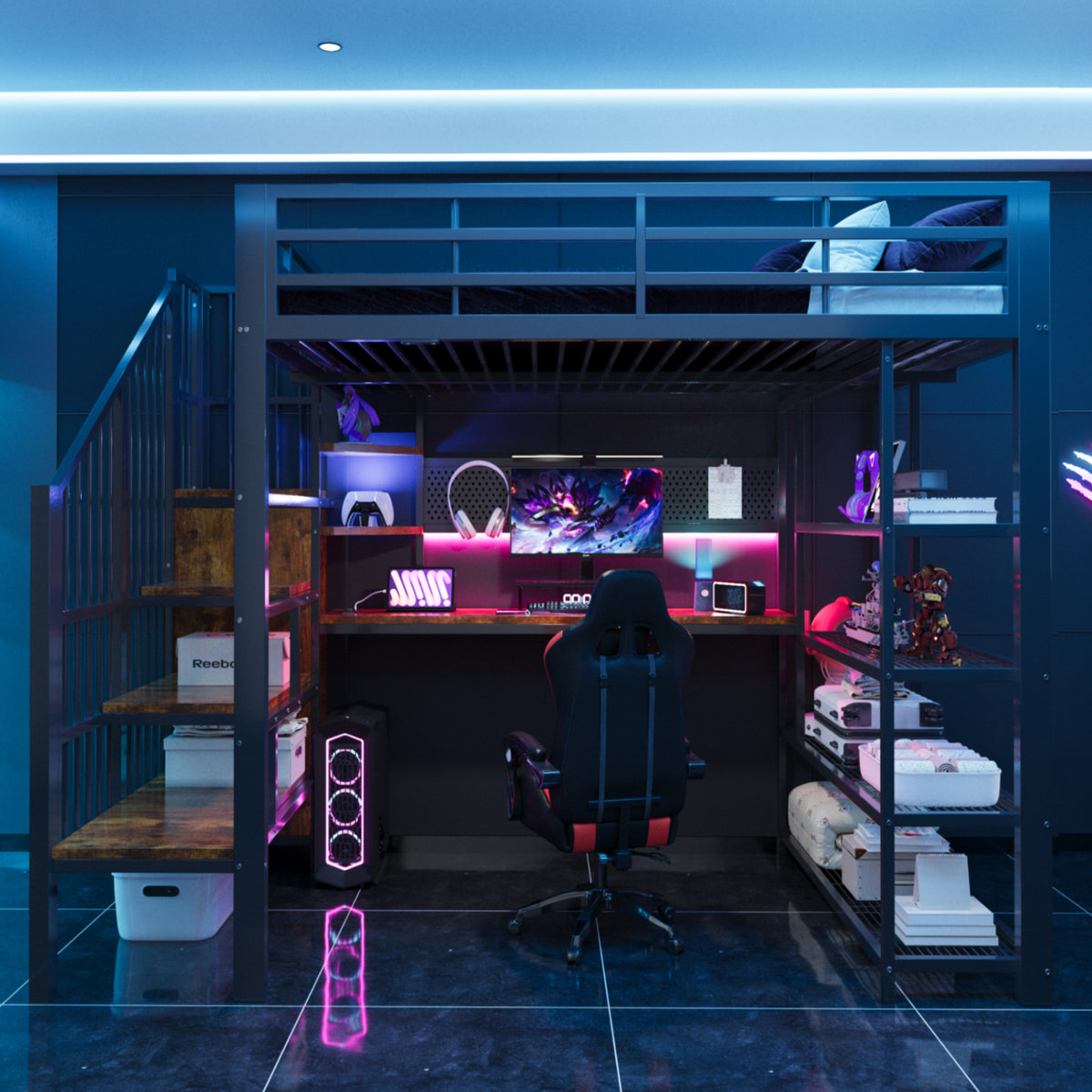 Iron Loft Bed 140x200cm with Desk, Pegboard & LED, Black