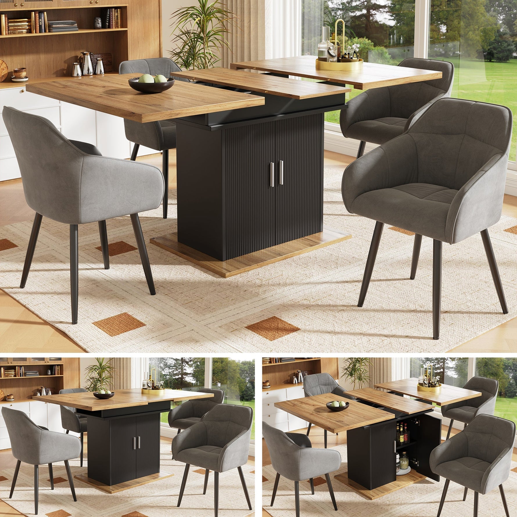 Telescopic Extendable Dining Table 140x70cm Storage Shelf - Natural/Black