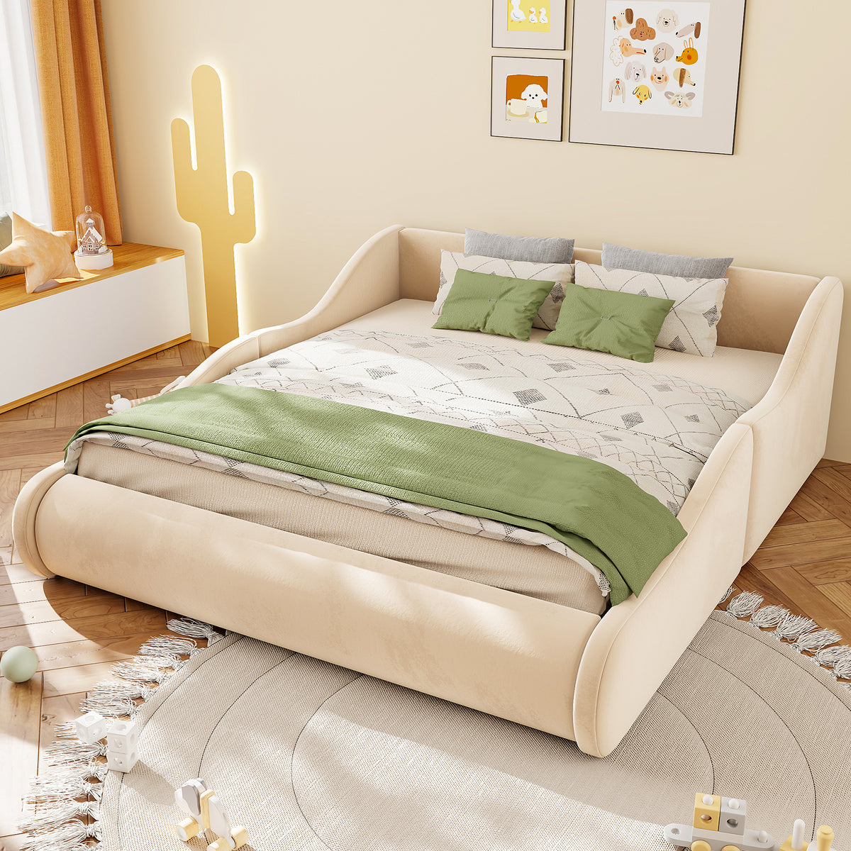 Upholstered Kids Bed 140x200 with Mattress & Rails in Beige Velvet