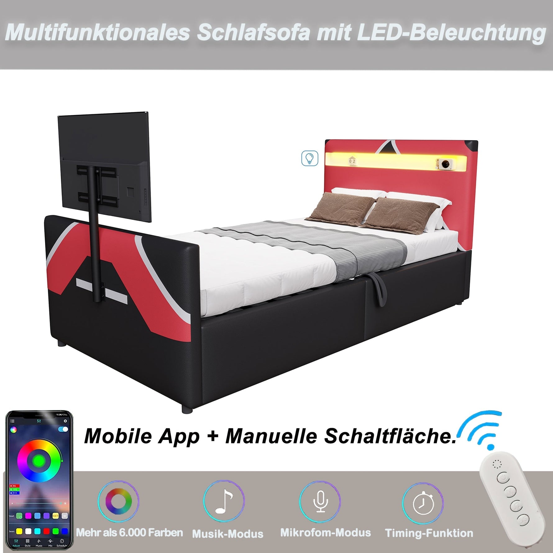 Children's Gaming Bed 90x200 with LED, Hydraulic Storage and TV Mount, PU Leather