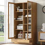 Glass Display Cabinet, Offset Shelves Push-To-Open Drawers, Wood Color