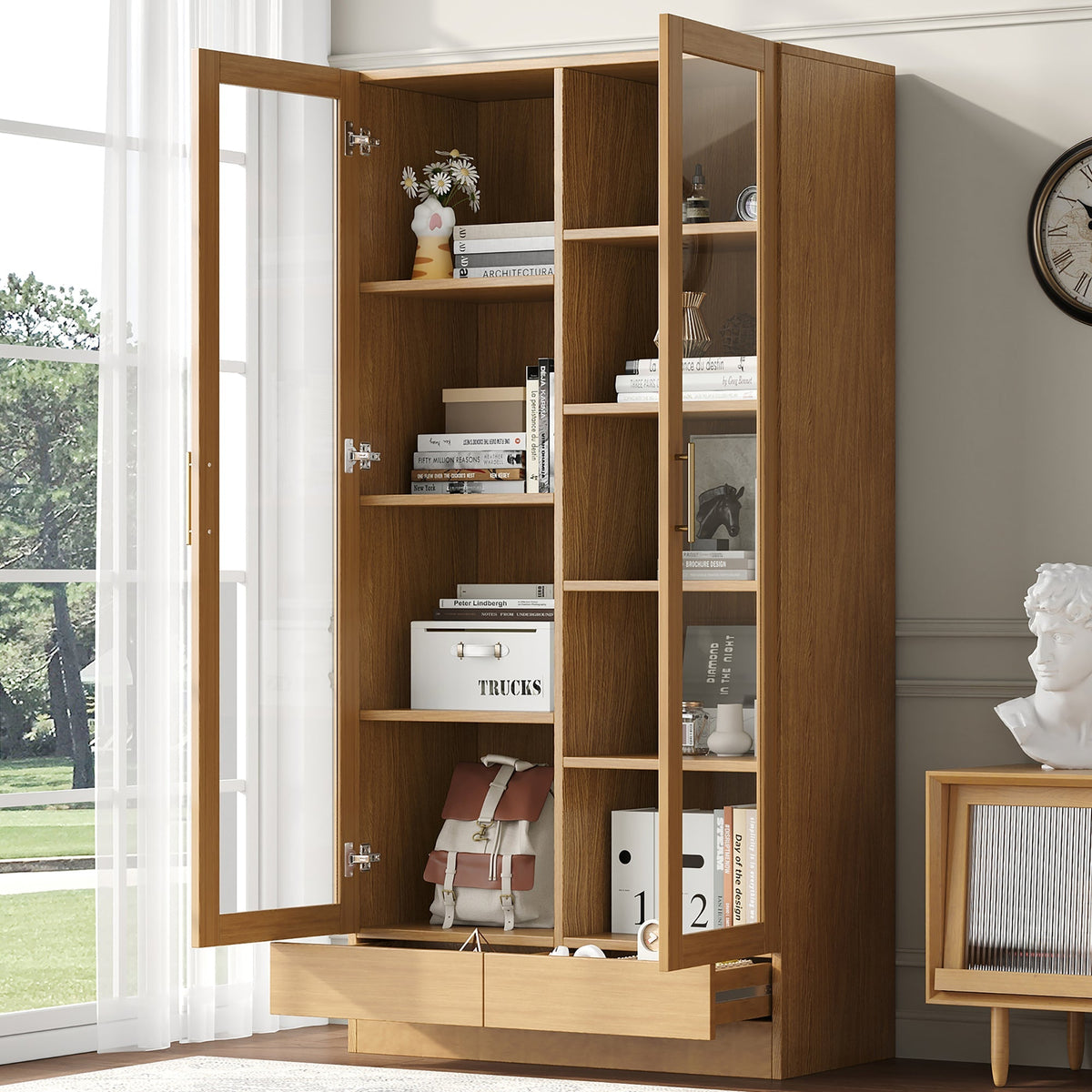Glass Display Cabinet, Offset Shelves Push-To-Open Drawers, Wood Color
