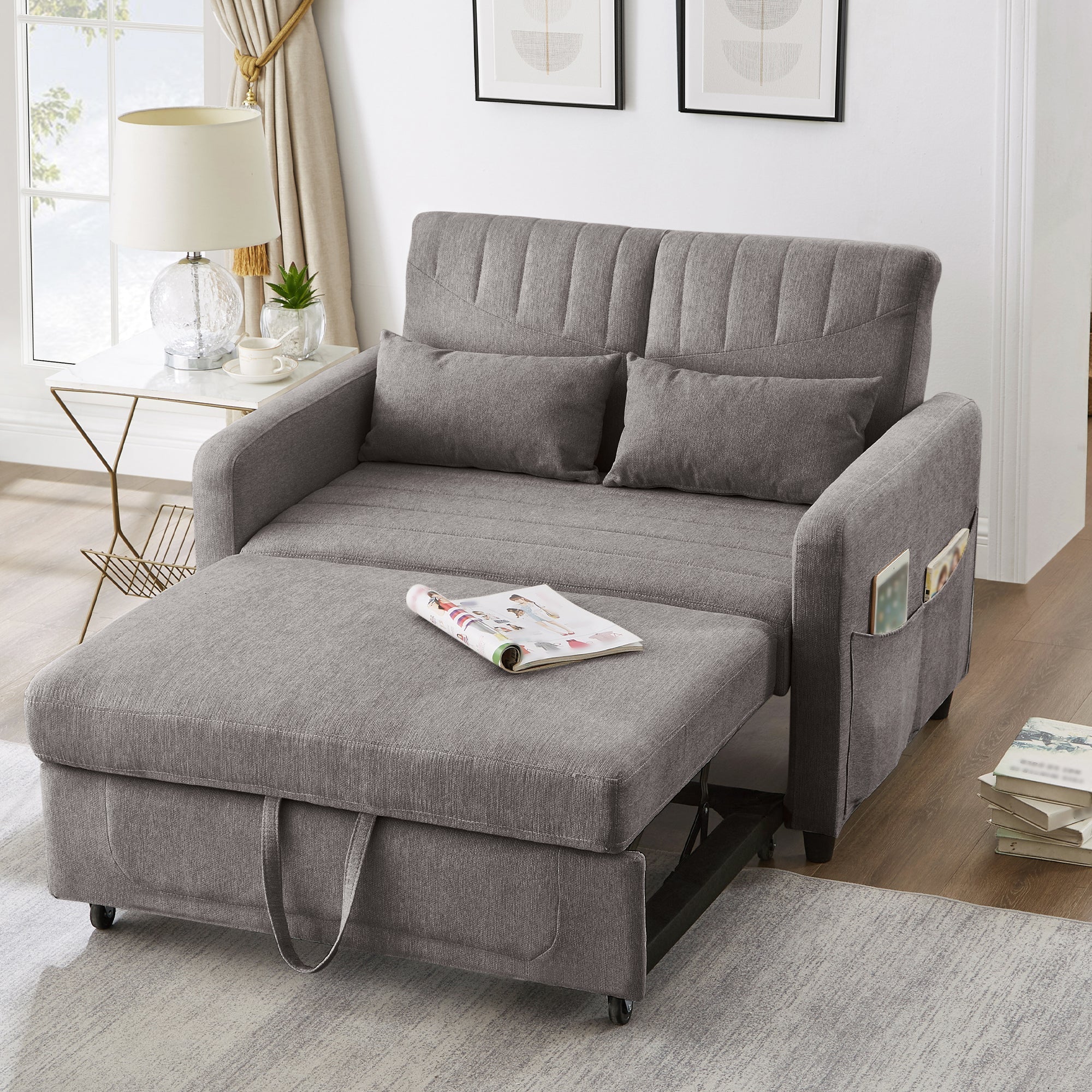 Two-Seater Sofa Bed with Adjustable Backrest and Pull-Out Design, Cotton-Linen Fabric