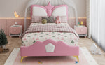 Kids Upholstered Bed 90x200cm Crown Headboard, Pink & White