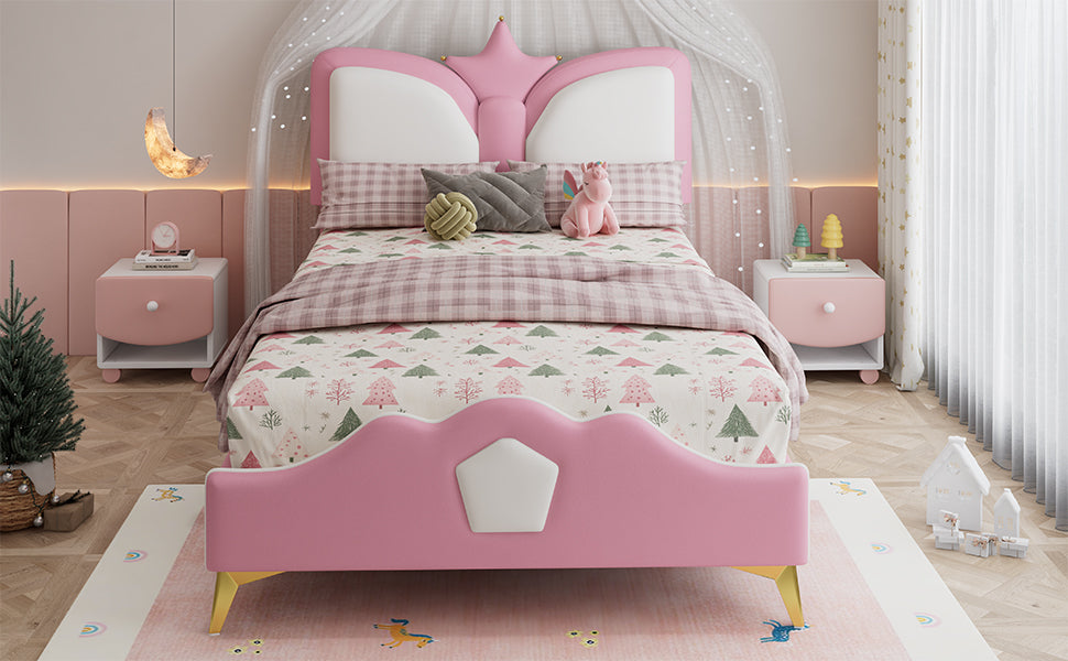 Kids Upholstered Bed 90x200cm Crown Headboard, Pink & White