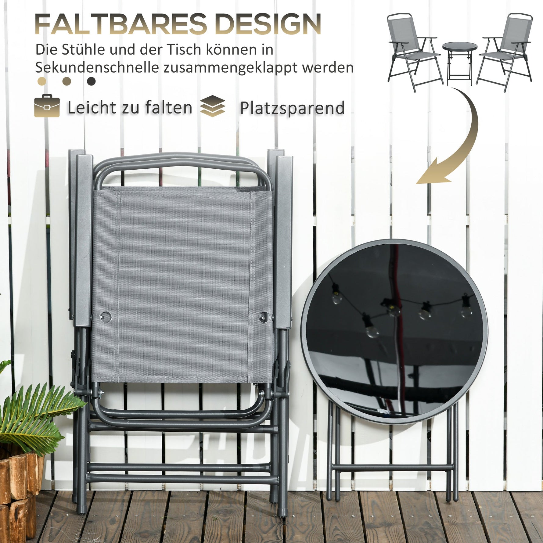 Folding Bistro Set, 3-Piece Table & 2 Chairs, Durable Steel & Mesh, Light Grey