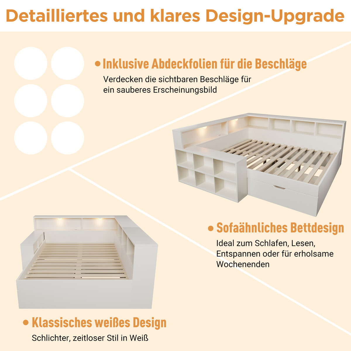 Wooden Double Bed 140x190cm with Storage & USB, White