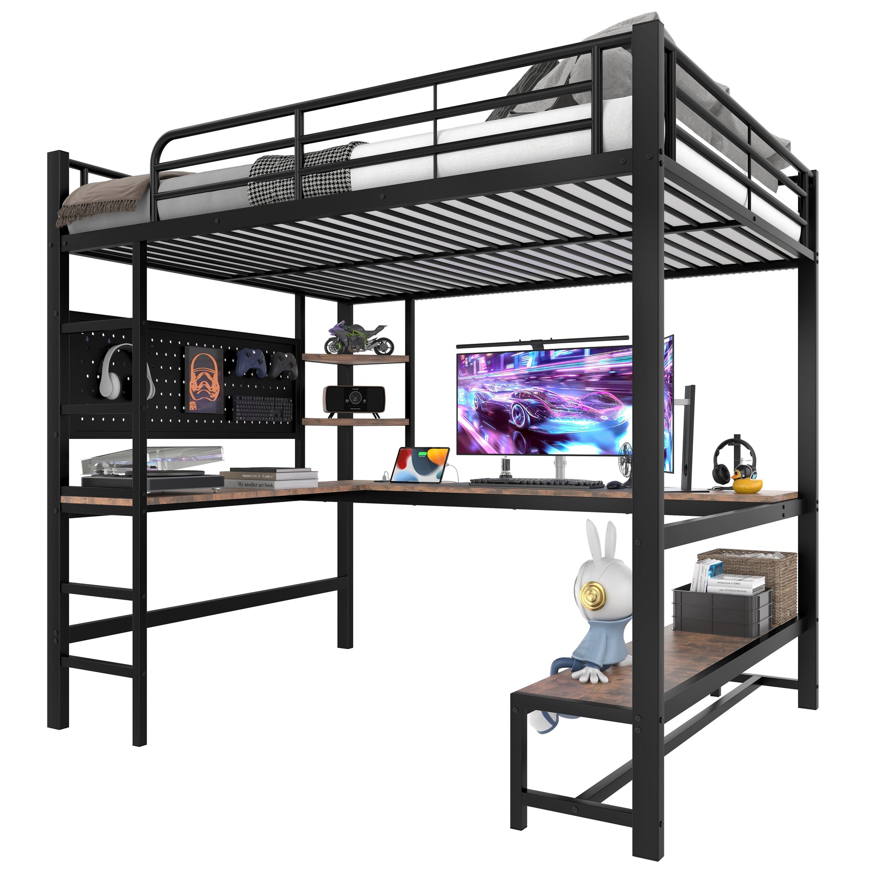 Loft Bed with Desk, USB Sockets, LED Strip and Pegboard, Black Metal Frame