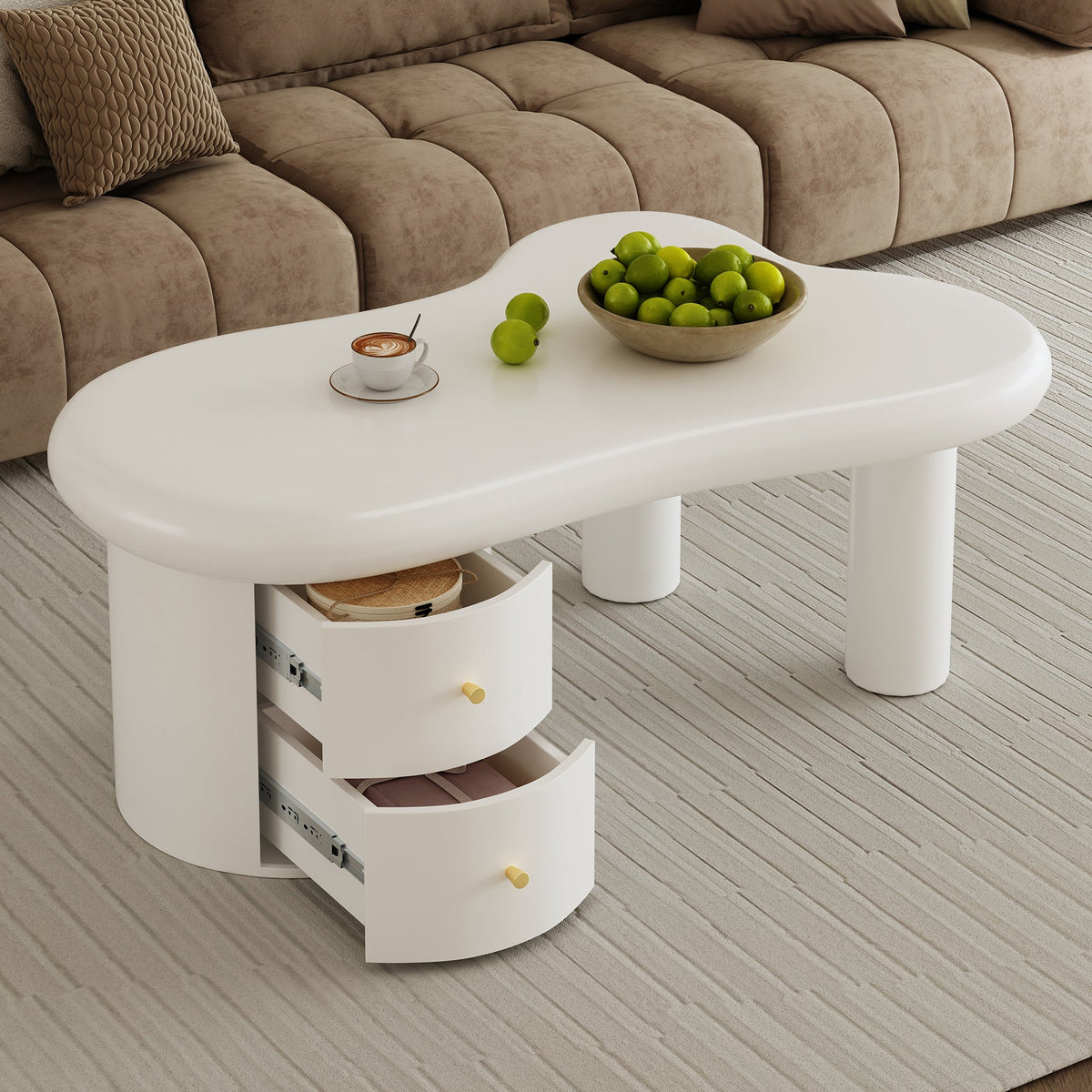 Coffee Table, Irregular Shape 2-Drawer Space-Saving Stylish Stable, White