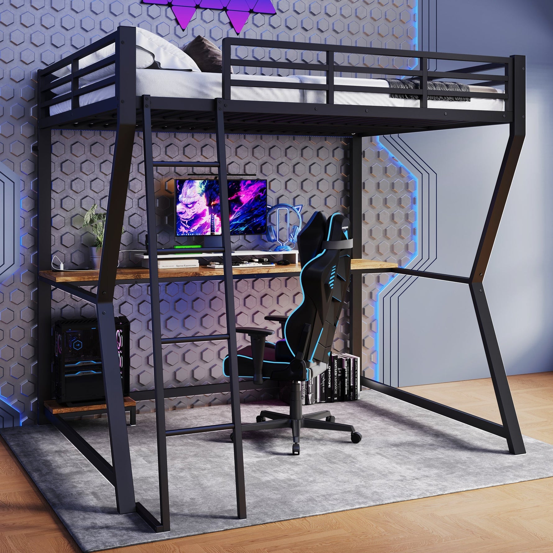 Loft Bed 140x200cm Desk Console Shelf LED USB/Power Stairs - Black