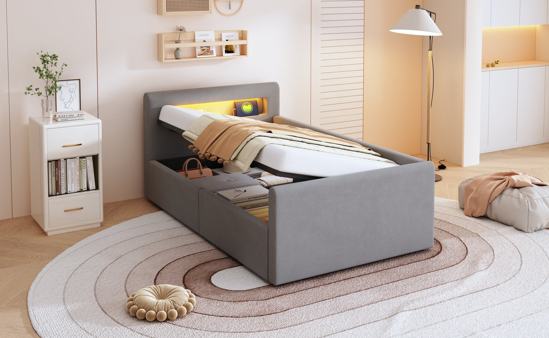 Upholstered Children's Bed 90x200cm LED USB Hydraulic Storage, Light Grey Velvet