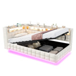 Upholstered Sofa Bed 90x200cm Hydraulic Storage LED USB Ports Beige Velvet
