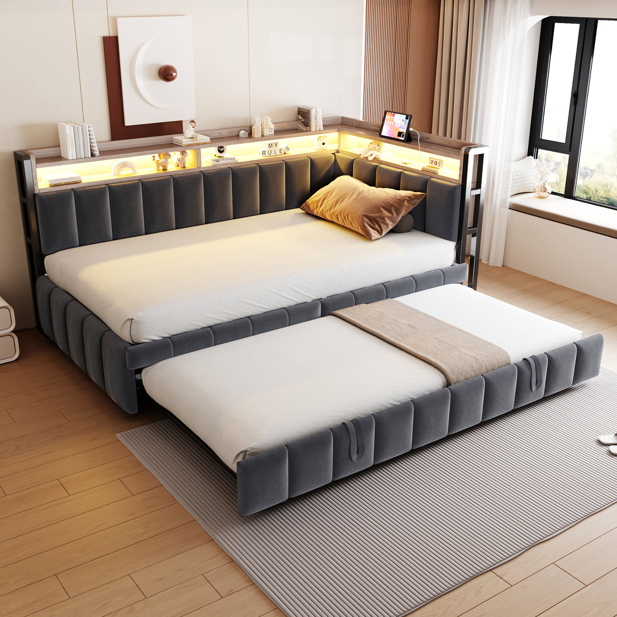 Upholstered Sofa Bed 90x200cm, Trundle & Storage, Dark Grey Velvet