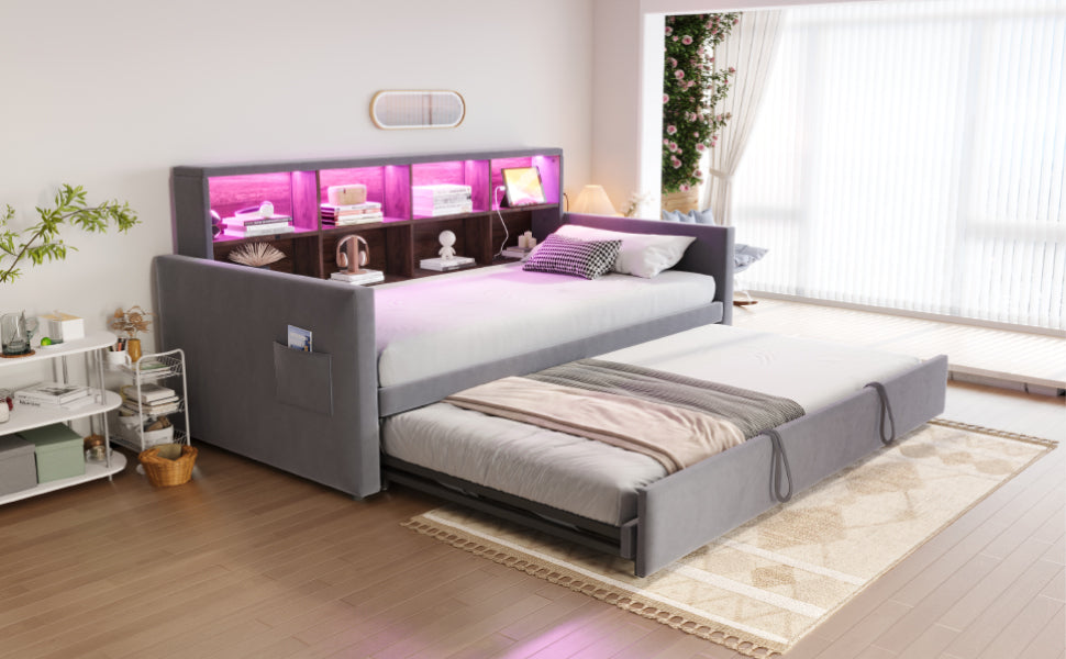 Upholstered Sofa Bed 90x190cm with Storage Headboard, LED Lights and Charging Ports, Dark Grey Velvet