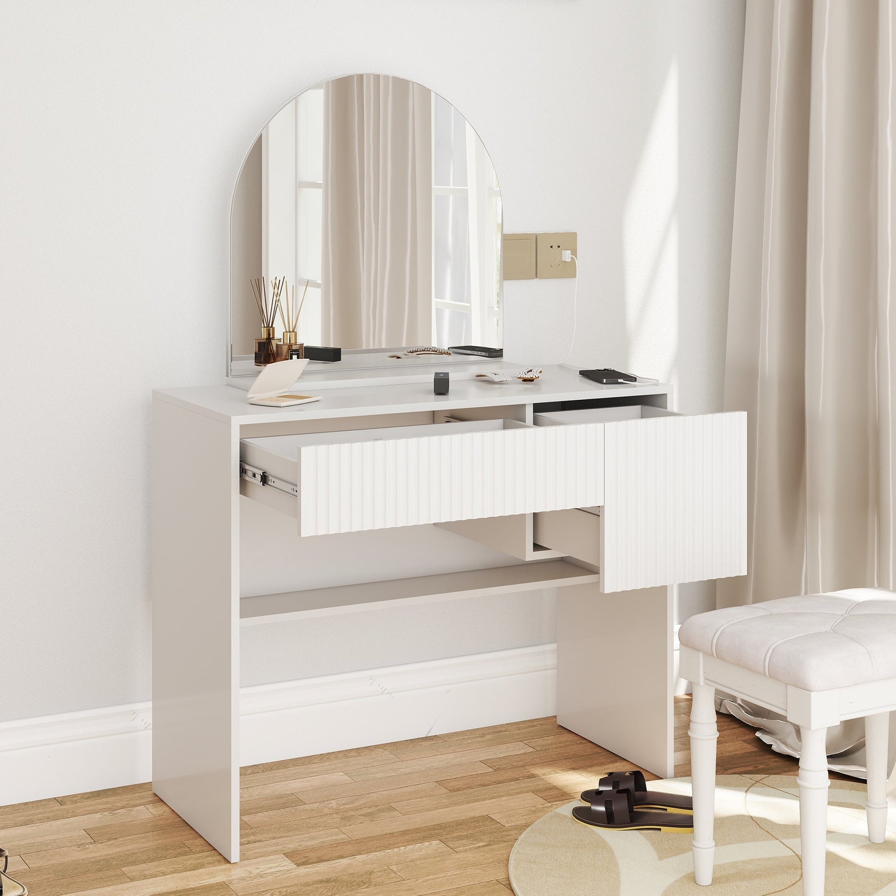 Dressing Table with Mirror, Drawers & Open Shelves - White