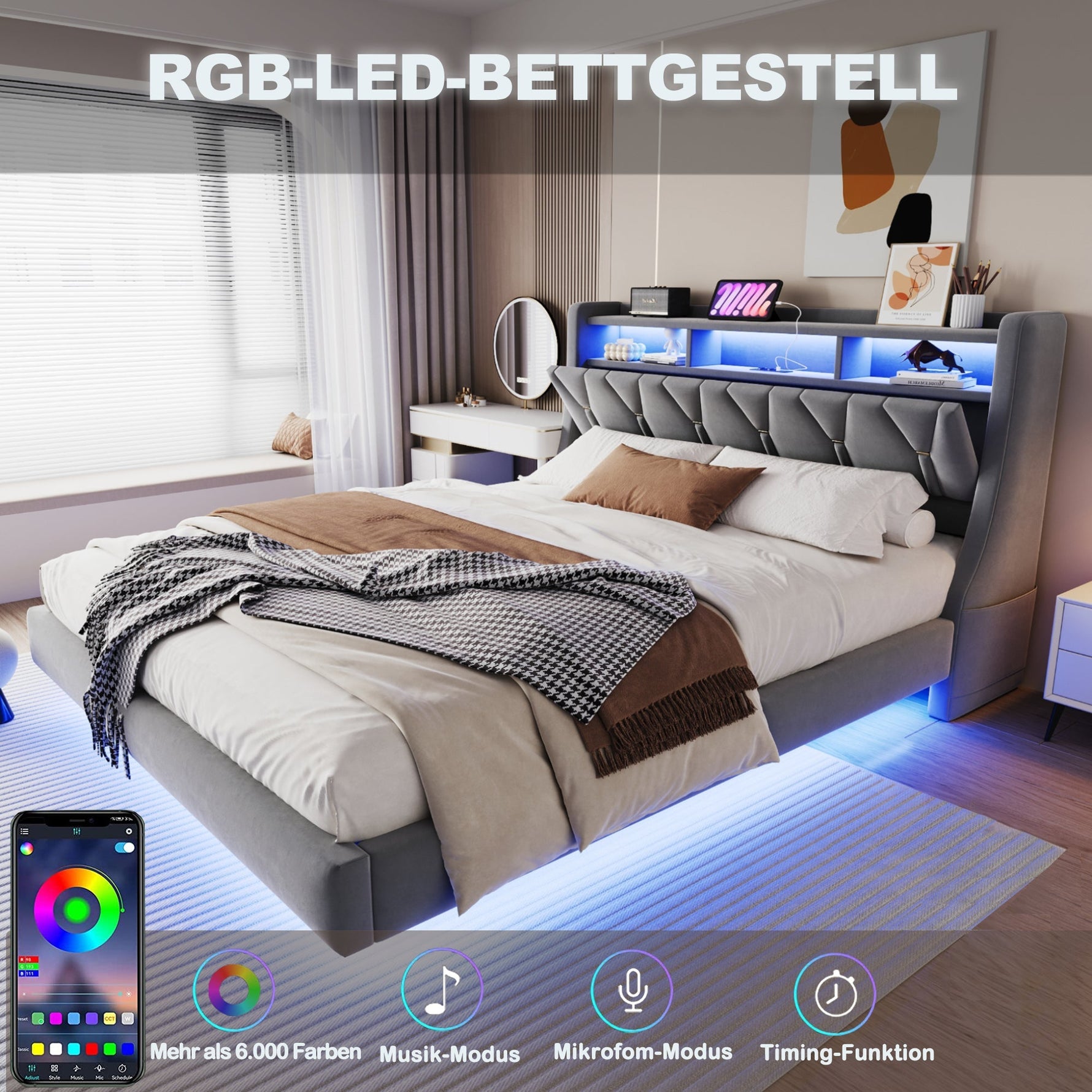 Upholstered Bed 180x200 cm, Fold-Down Headboard with Socket Storage & LED Lighting, Floating Design, Velvet Grey