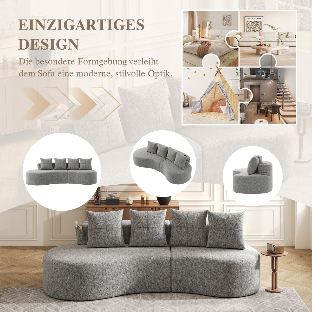 Linen Sofa with 4 Cushions, Cup Holder and Side Pocket, Light Grey