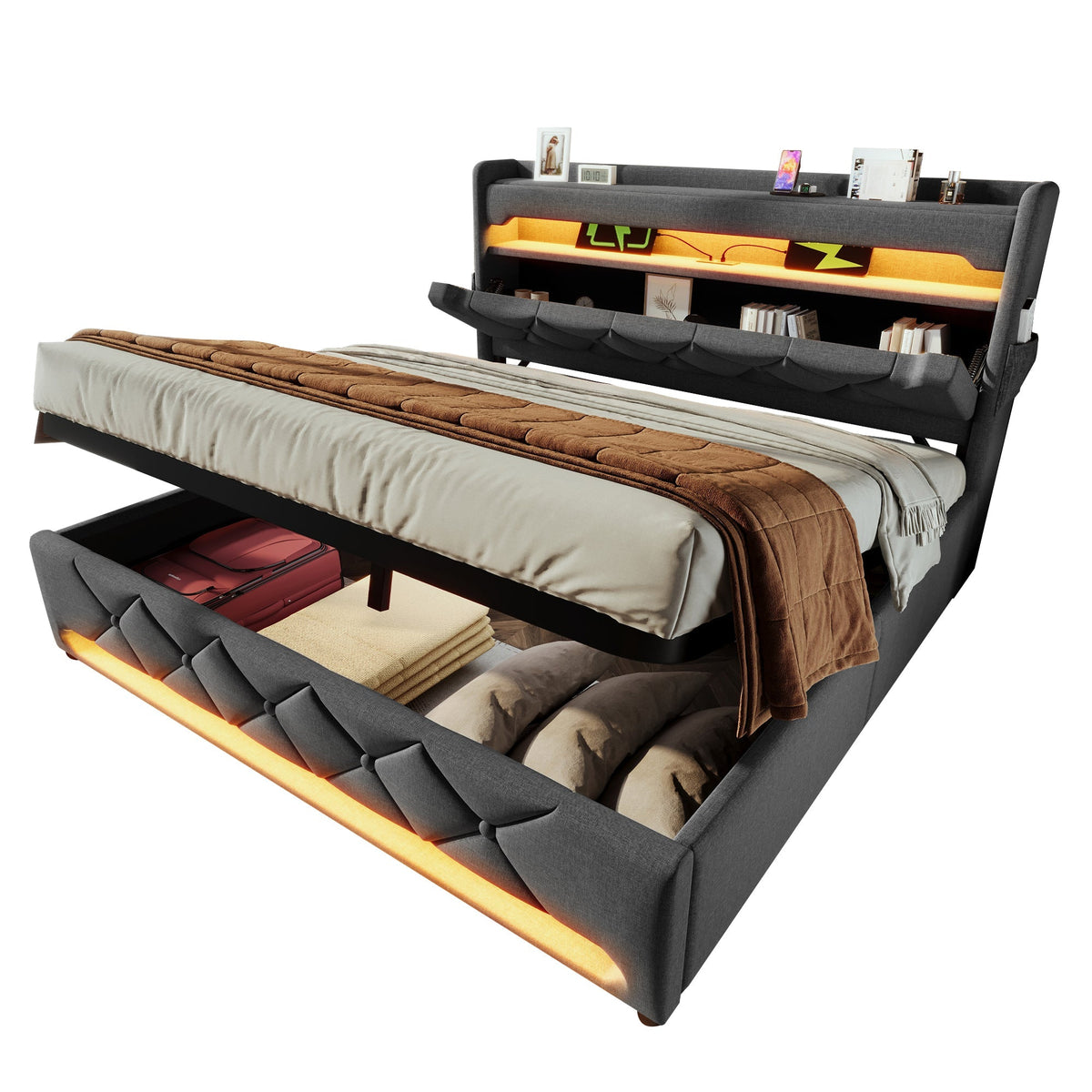 Upholstered Double Bed 140x190 with Storage Headboard, USB/Type-C, 360° LED and Hydraulic Storage, Grey Linen