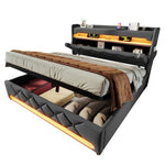Upholstered Double Bed 160*200, Storage Headboard with USB & Type-C, Hydraulic Storage, Gray Linen