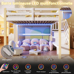 Loft Bed 140x200cm with LED Lights & Storage - White & Natural