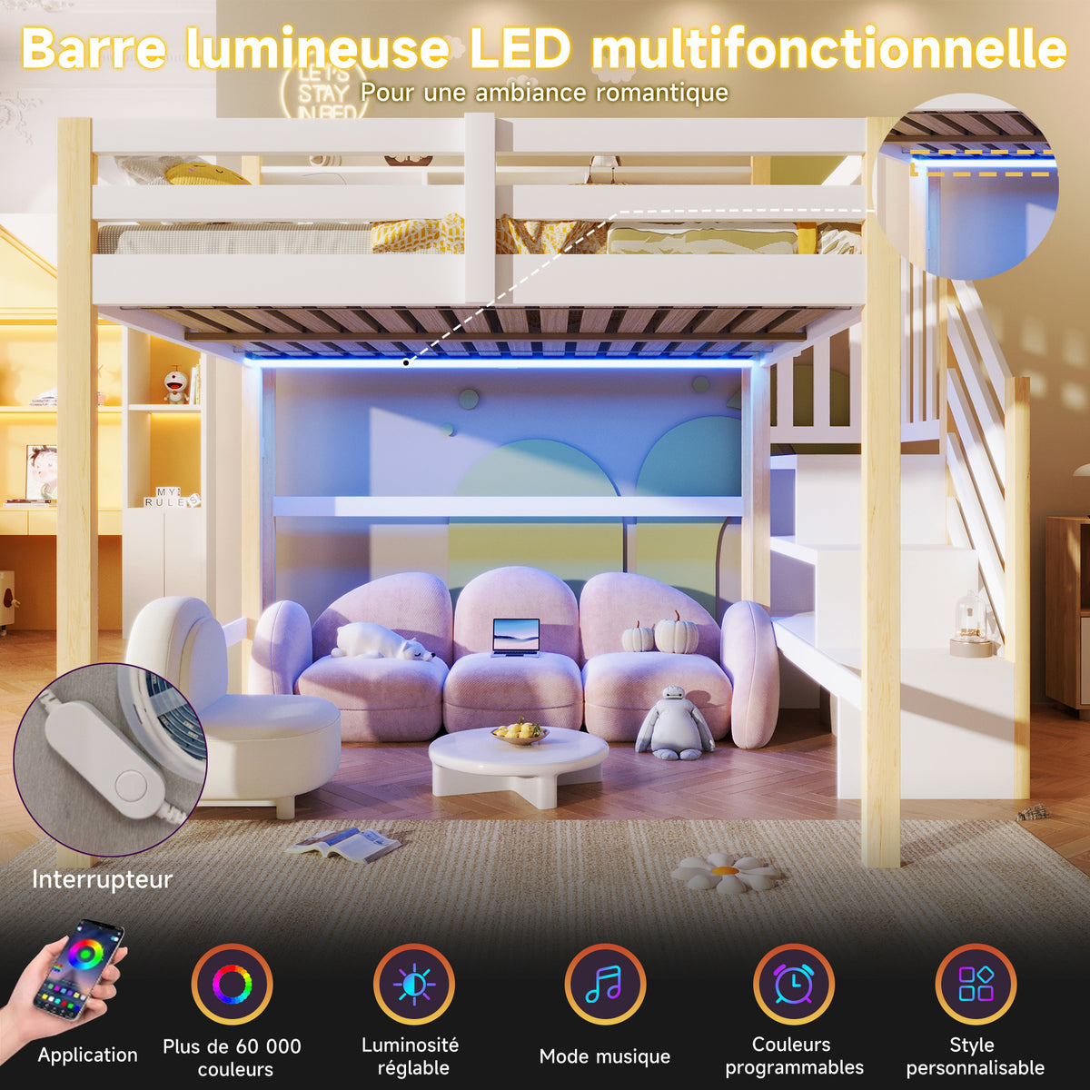 Loft Bed 140x200cm with LED Lights & Storage - White & Natural