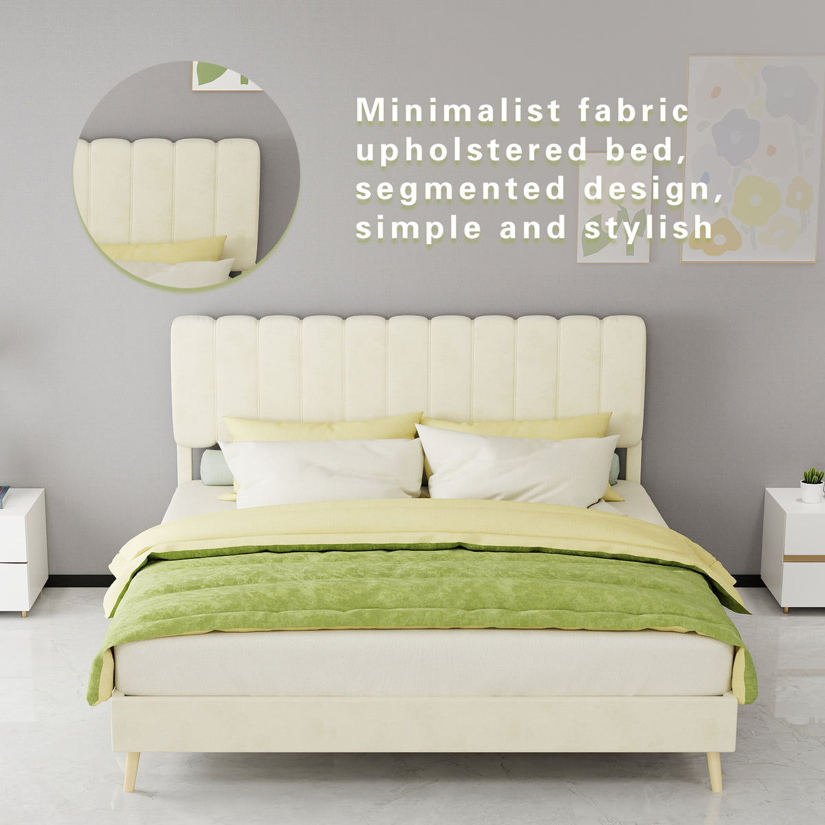 Upholstered Bed 160x200cm with Soft Headboard & Mattress, Beige